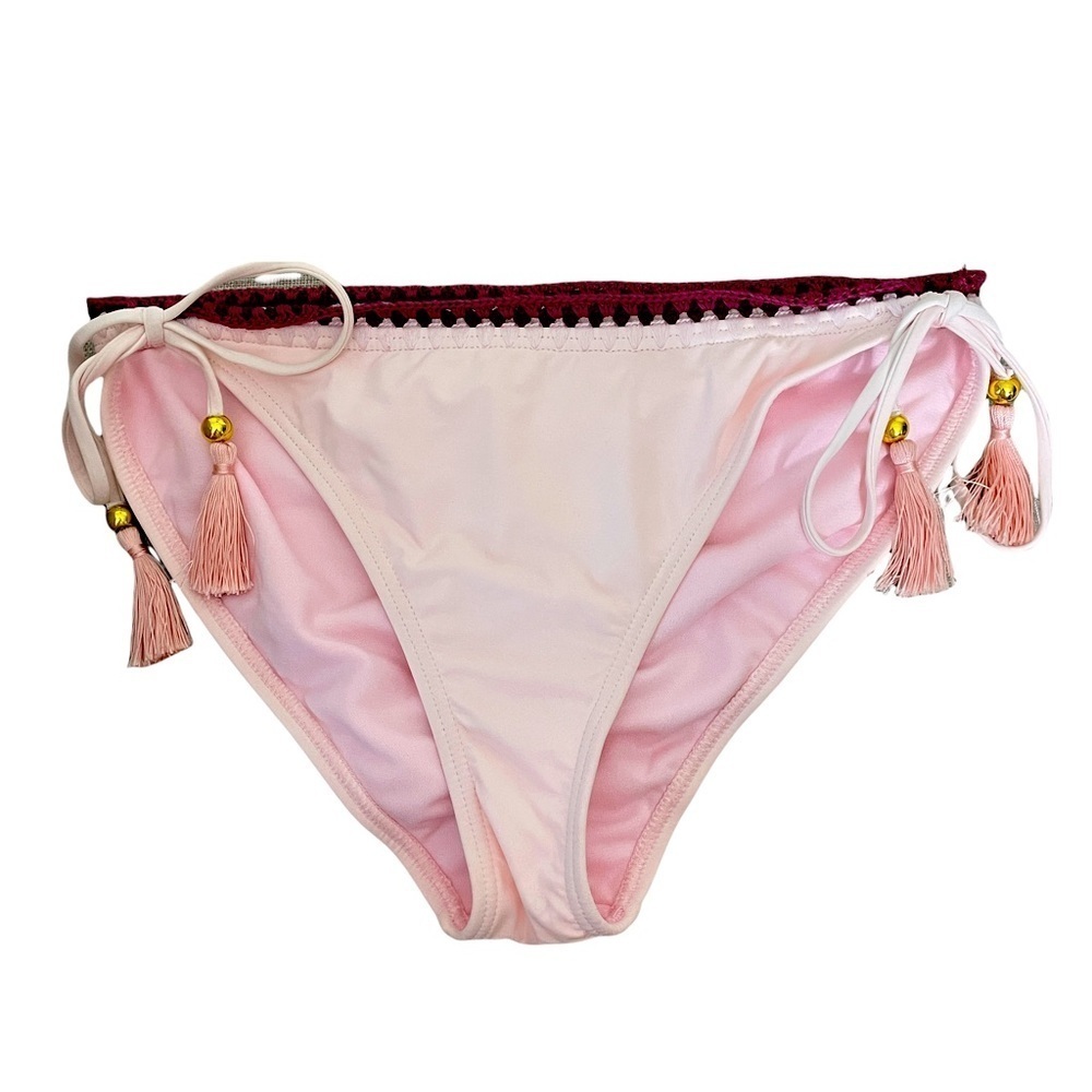 NEW Ambrielle Pink Tassel Side Tie String Bikini Bottoms w/ Crochet Trim Sz. L